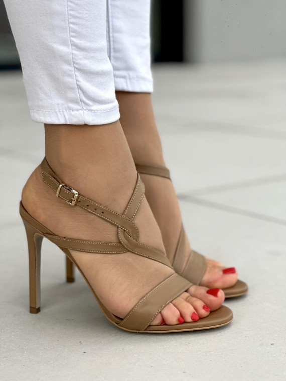 Modne beżowe sandały damskie szpilki na wysokim obcasie, skóra naturalna