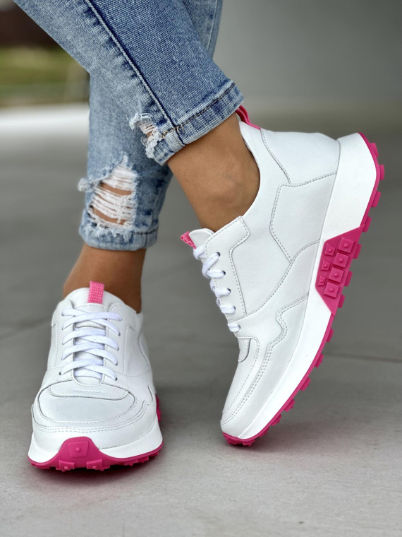 Śliczne białe sneakersy damskie z różowymi detalami, skóra naturalna
