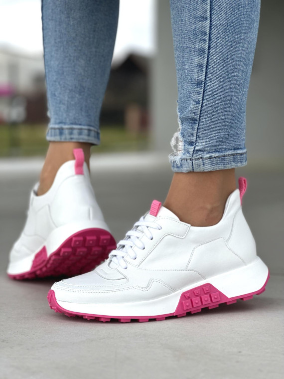 Śliczne białe sneakersy damskie z różowymi detalami, skóra naturalna