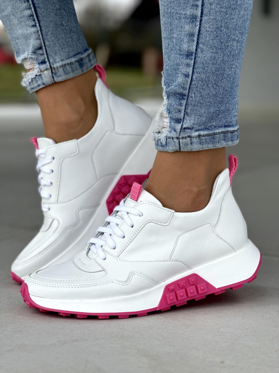 Śliczne białe sneakersy damskie z różowymi detalami, skóra naturalna