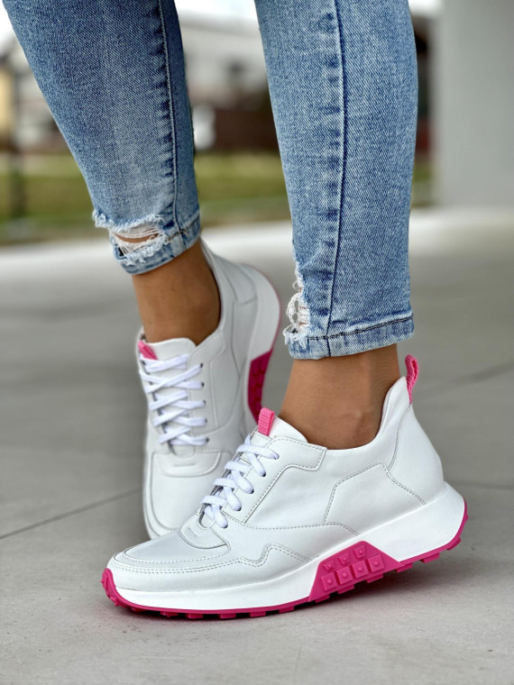 Śliczne białe sneakersy damskie z różowymi detalami, skóra naturalna