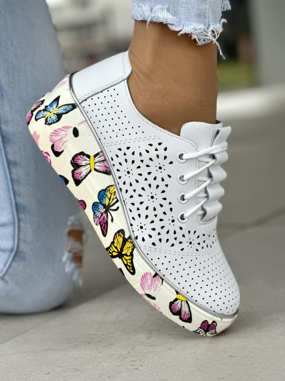 Niepowtarzalne ażurowe białe trampki damskie, skóra naturalna