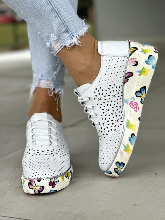 Niepowtarzalne ażurowe białe trampki damskie, skóra naturalna