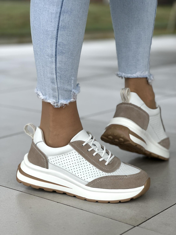 Ażurowe biało-beżowe sneakersy damskie, skóra naturalna