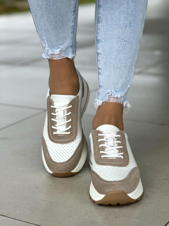 Ażurowe biało-beżowe sneakersy damskie, skóra naturalna