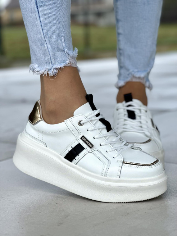 Ciekawe białe trampki damskie na grubej lekkiej platformie, skóra naturalna