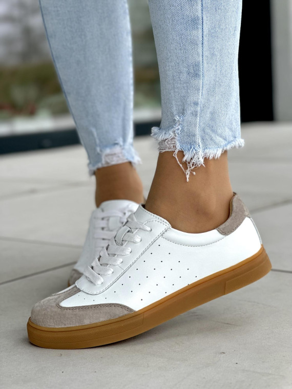 Klasyczne sznurowane biało-beżowe trampki damskie, skóra naturalna