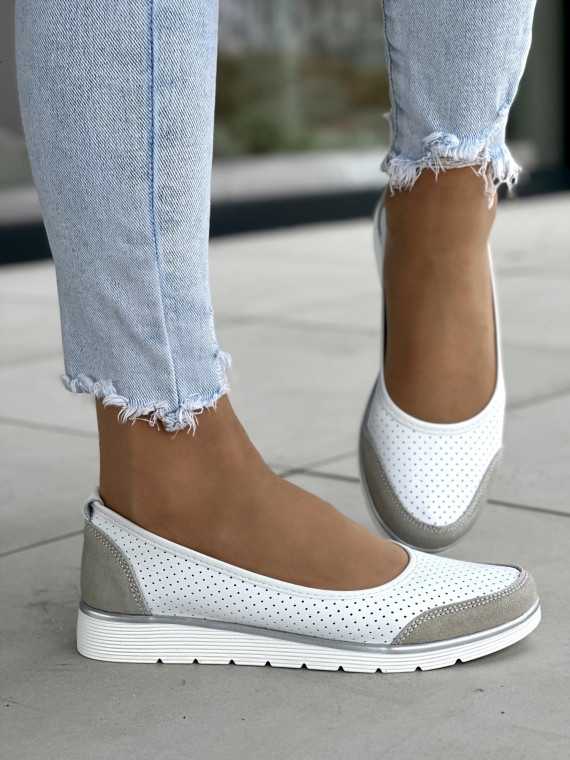 Wygodne ażurowe biało-szare baleriny damskie, skóra naturalna