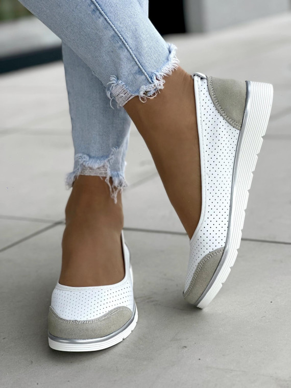 Wygodne ażurowe biało-szare baleriny damskie, skóra naturalna