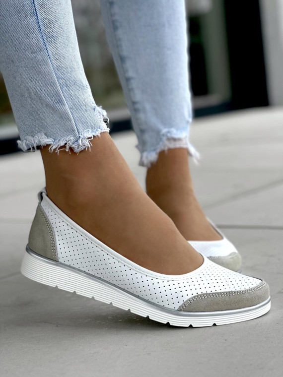 Wygodne ażurowe biało-szare baleriny damskie, skóra naturalna