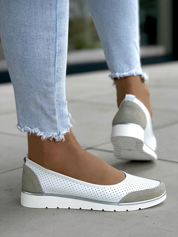 Wygodne ażurowe biało-szare baleriny damskie, skóra naturalna