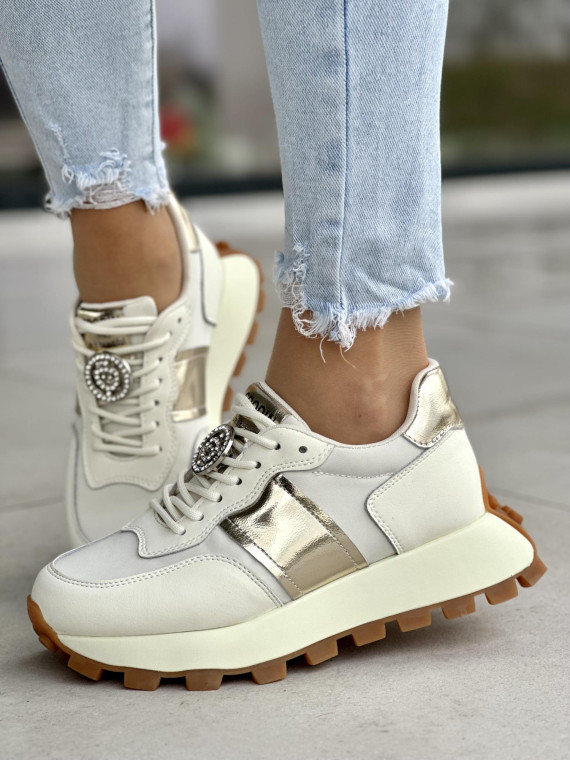 Wyjątkowe beżowo-złote sneakersy damskie z ozdobą, skóra naturalna