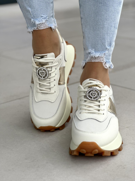 Wyjątkowe beżowo-złote sneakersy damskie z ozdobą, skóra naturalna