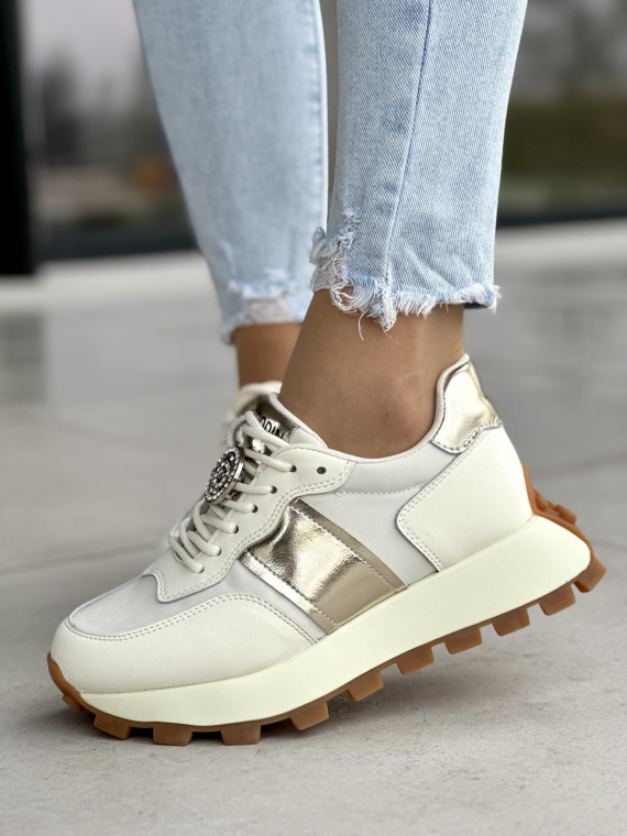 Wyjątkowe beżowo-złote sneakersy damskie z ozdobą, skóra naturalna
