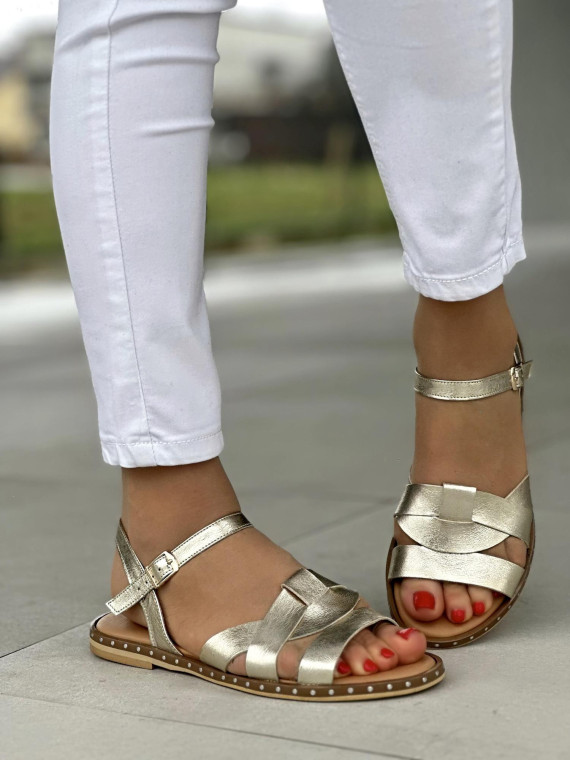 Złote sandały damskie skórzane