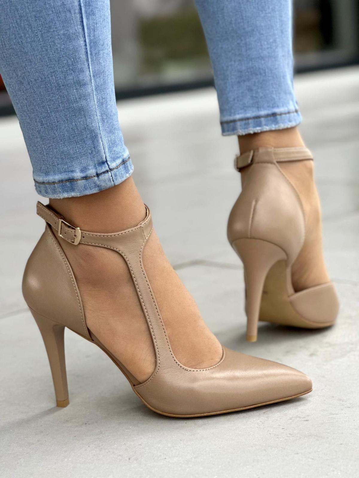 Eleganckie beżowe sandały damskie szpilki na wysokim obcasie, skóra naturalna