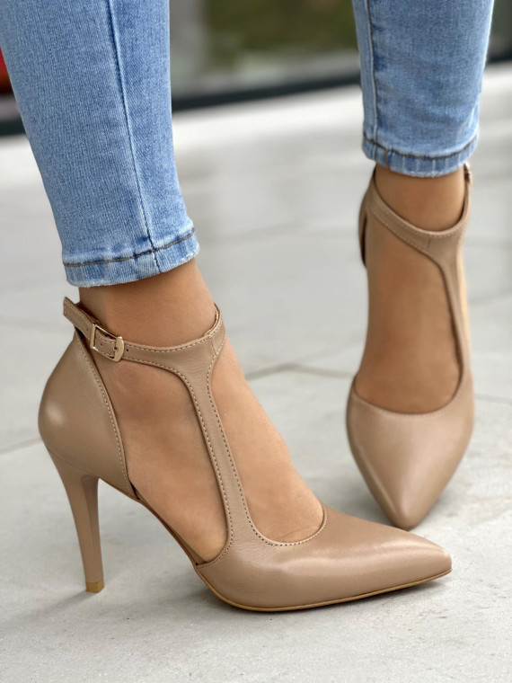 Eleganckie beżowe sandały damskie szpilki na wysokim obcasie, skóra naturalna