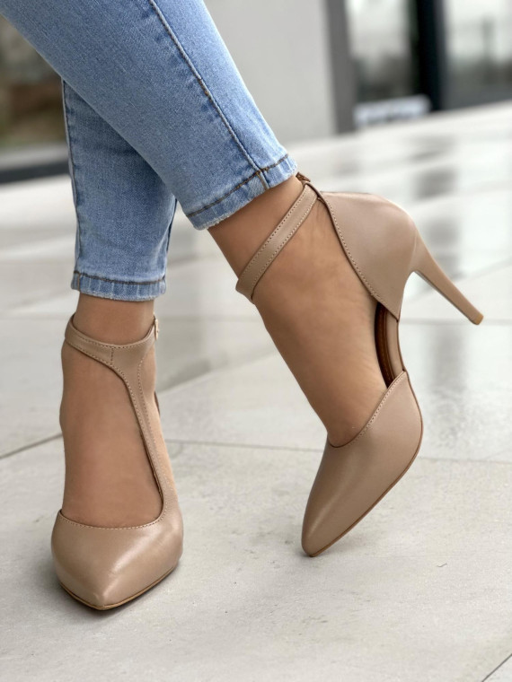 Eleganckie beżowe sandały damskie szpilki na wysokim obcasie, skóra naturalna