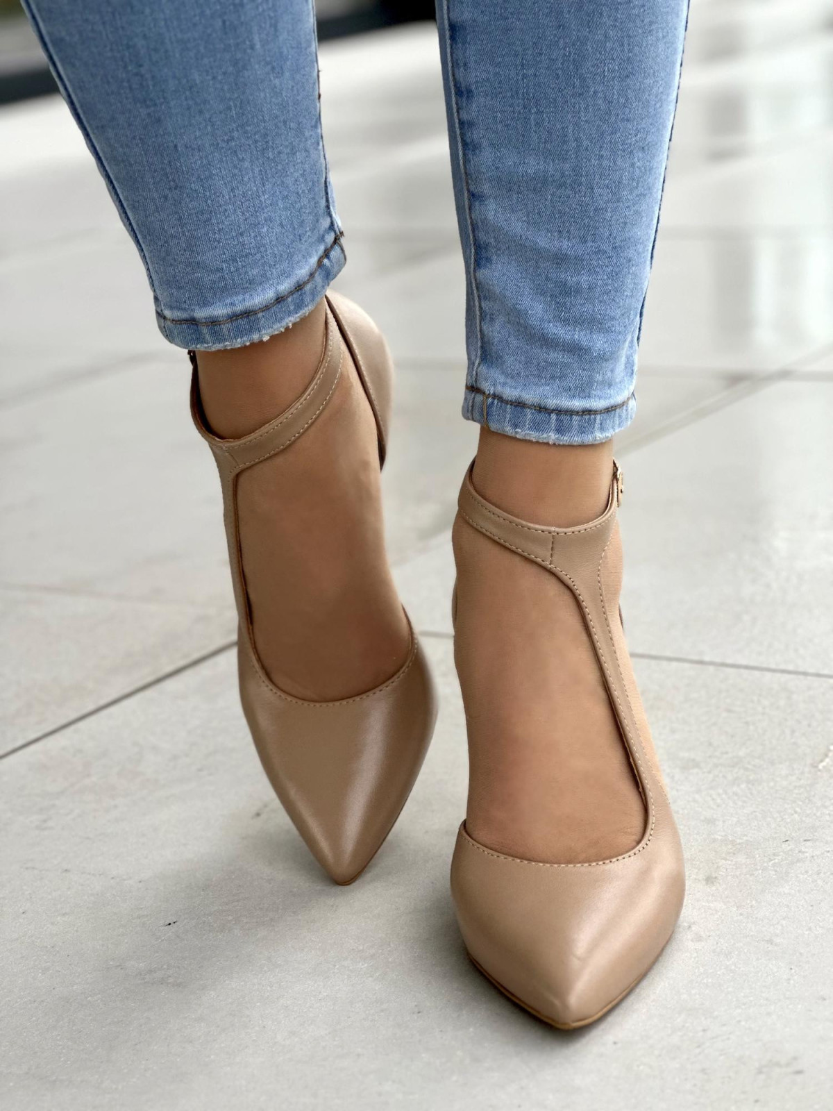 Eleganckie beżowe sandały damskie szpilki na wysokim obcasie, skóra naturalna