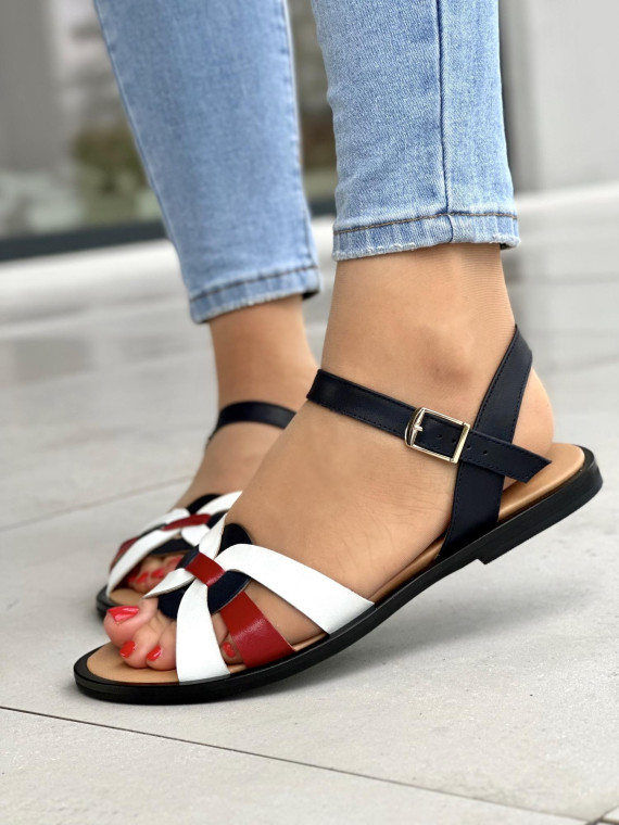 Wielokolorowe sandały damskie z zapięcien na kostce, skóra naturalna