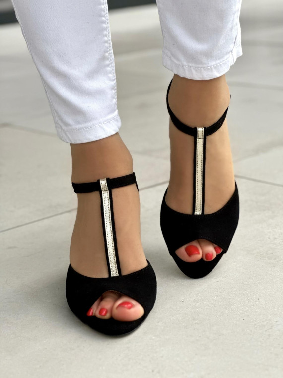 Piękne czarne sandały damskie na słupku, skóra naturalna