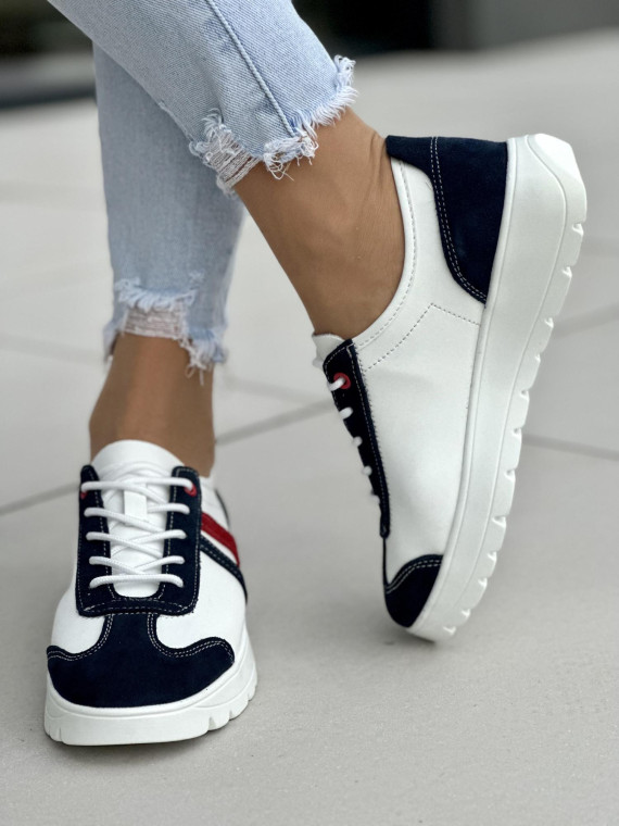 Biało-granatowo-czerwone trampki damskie skórzane