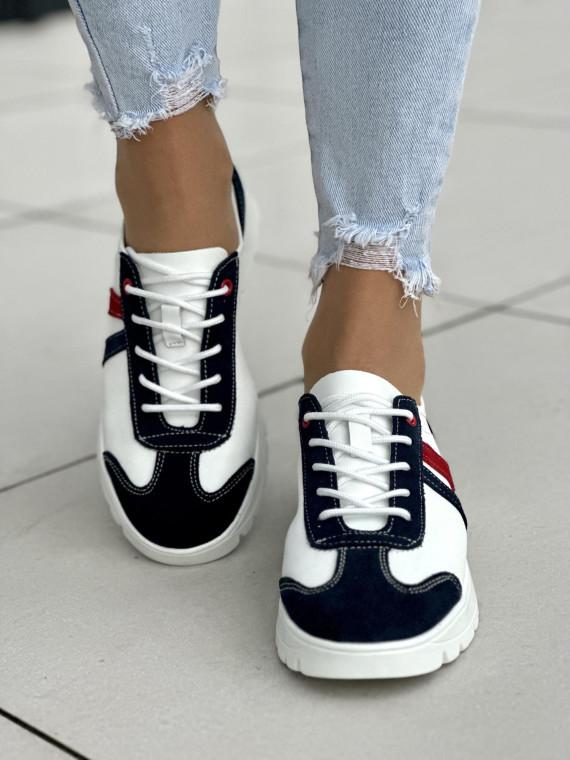 Biało-granatowo-czerwone trampki damskie skórzane