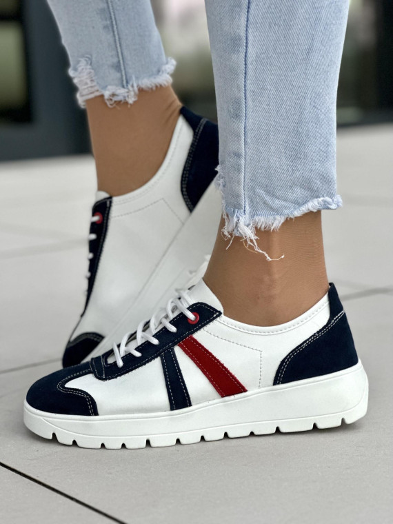 Biało-granatowo-czerwone trampki damskie skórzane