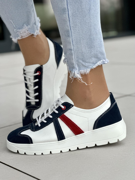 Biało-granatowo-czerwone trampki damskie skórzane