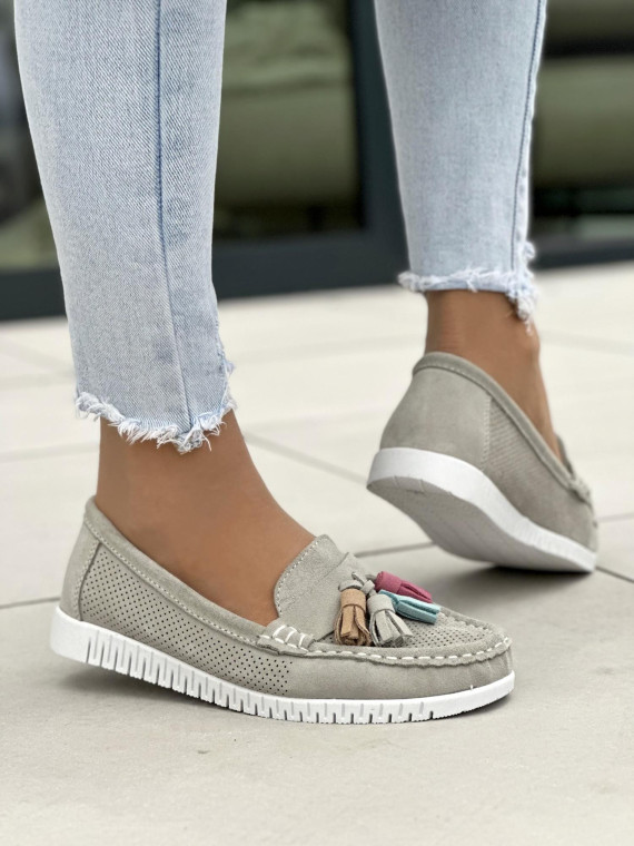 Szare mokasyny damskie skórzane