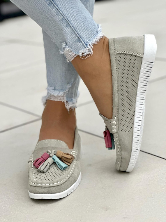 Szare mokasyny damskie skórzane