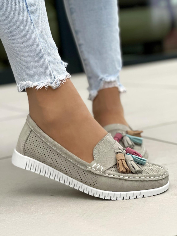 Szare mokasyny damskie skórzane