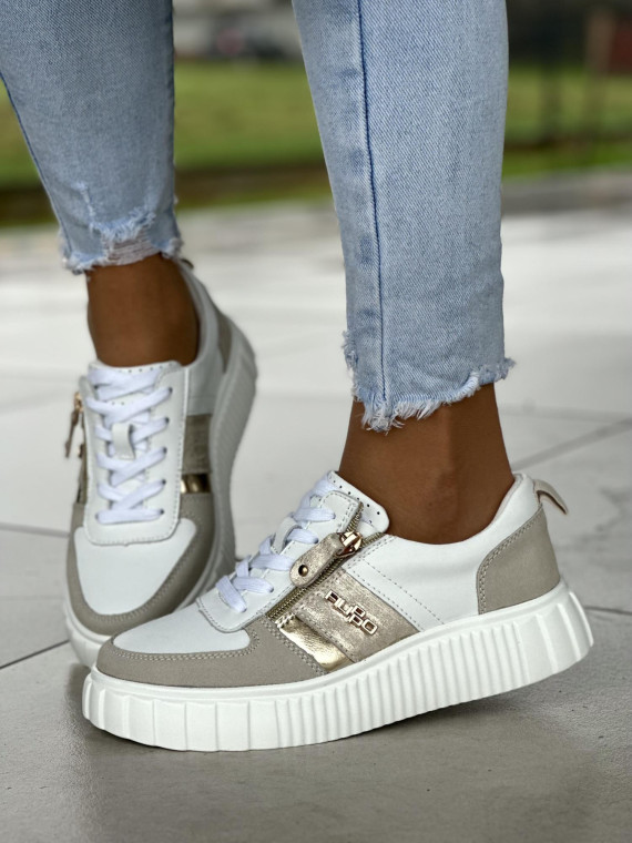 Lekkie biało-szare trampki damskie, skóra naturalna