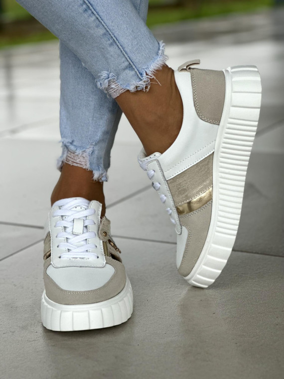 Lekkie biało-szare trampki damskie, skóra naturalna