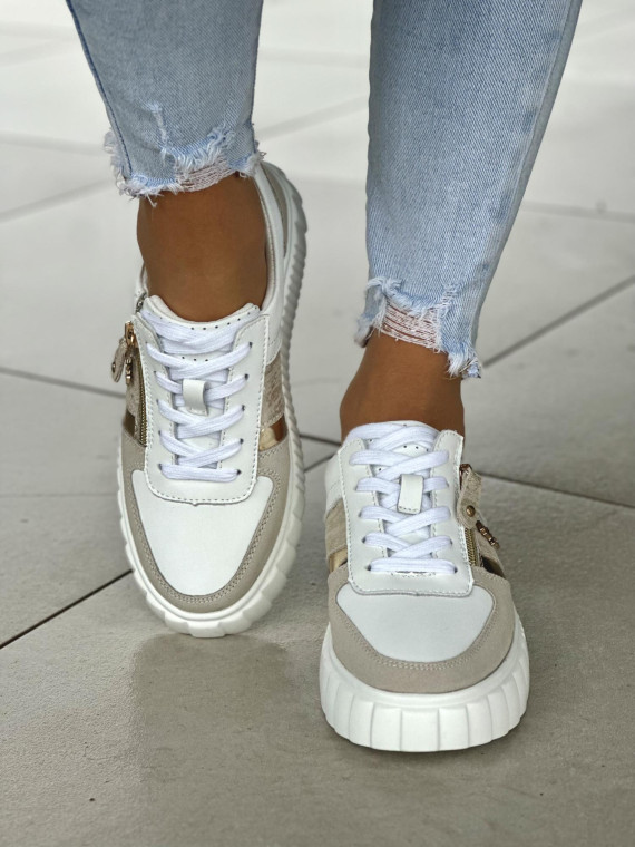 Lekkie biało-szare trampki damskie, skóra naturalna