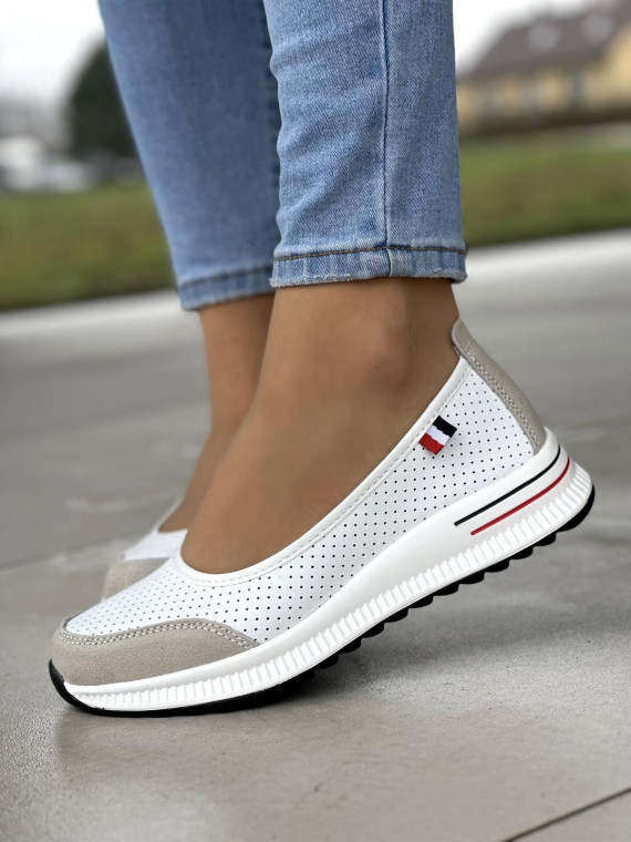 Białe baleriny damskie skórzane