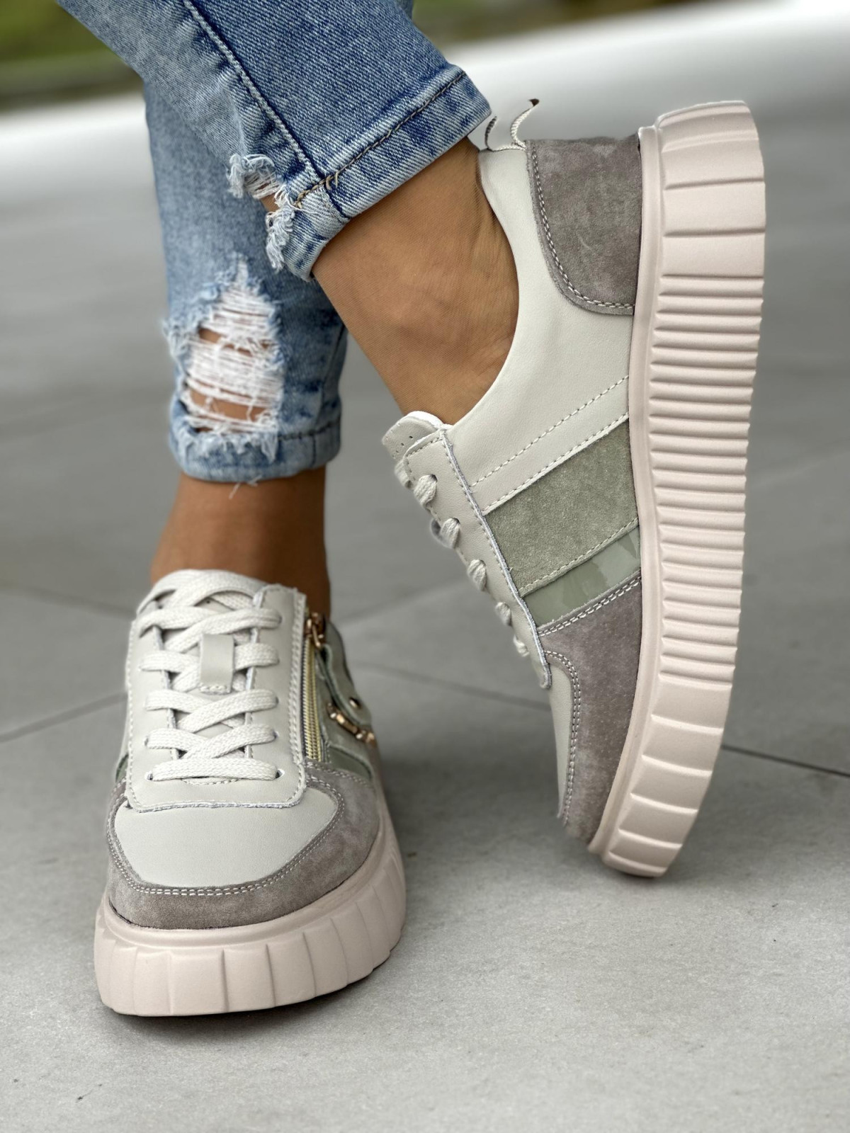 Beżowe trampki damskie skórzane