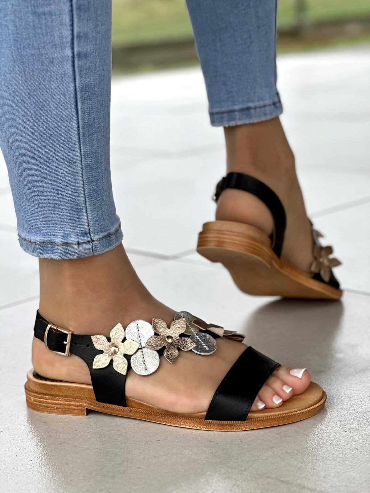 Czarne sandały damskie skórzane, skóra naturalna