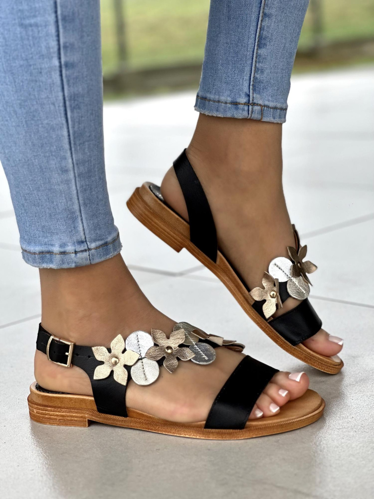 Czarne sandały damskie skórzane, skóra naturalna