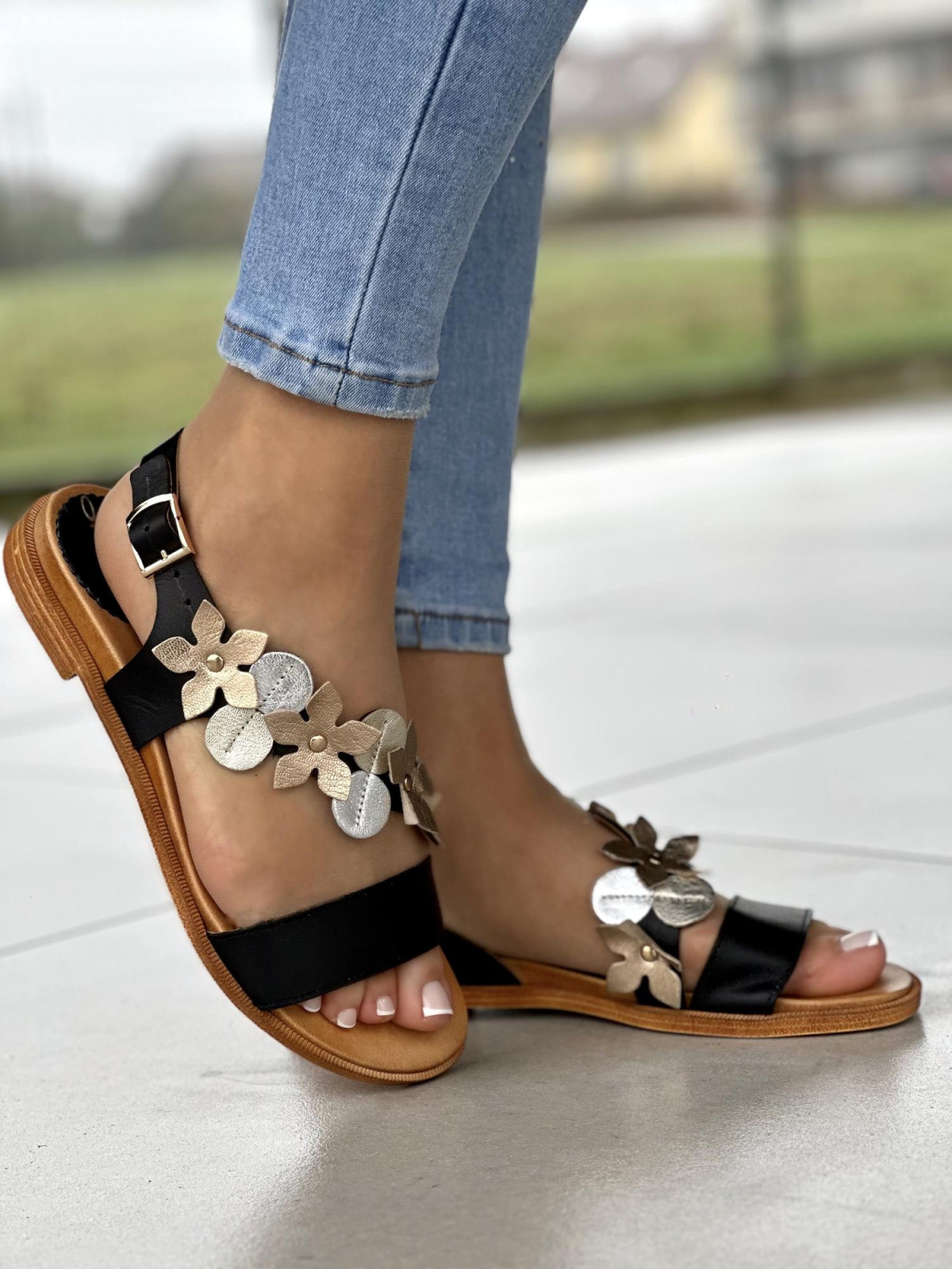 Czarne sandały damskie skórzane, skóra naturalna