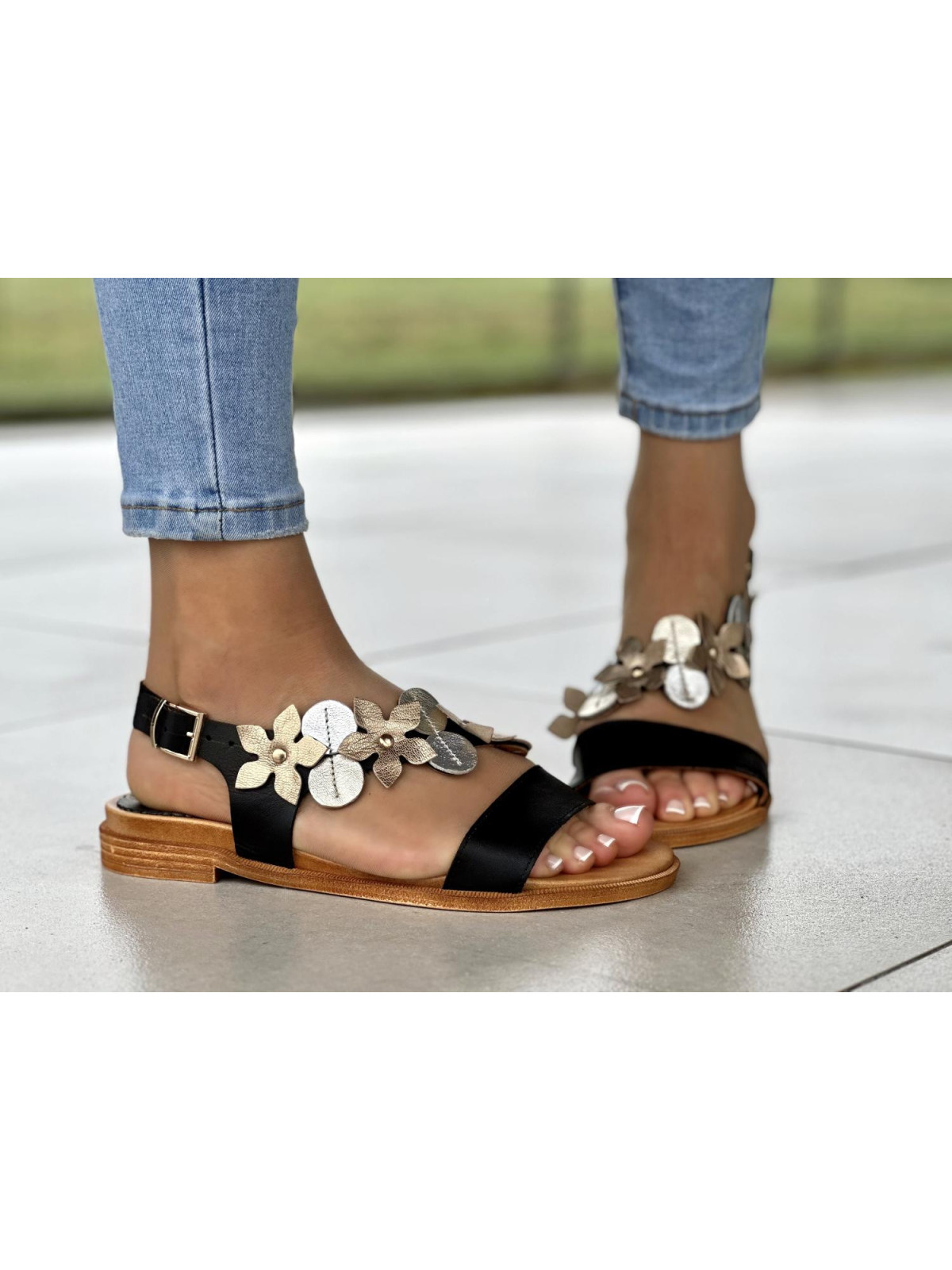 Czarne sandały damskie skórzane, skóra naturalna