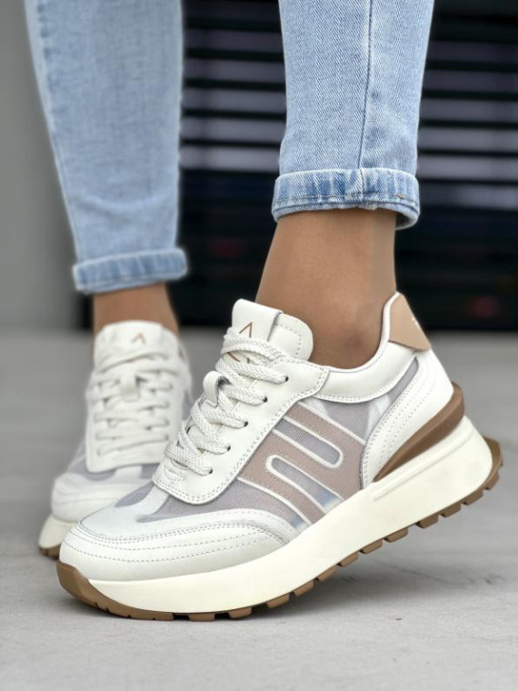 Wygodne jasno beżowe sneakersy damskie, skóra naturalna