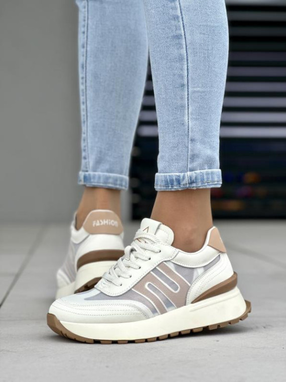 Wygodne jasno beżowe sneakersy damskie, skóra naturalna