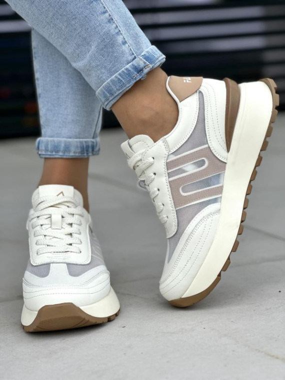 Wygodne jasno beżowe sneakersy damskie, skóra naturalna