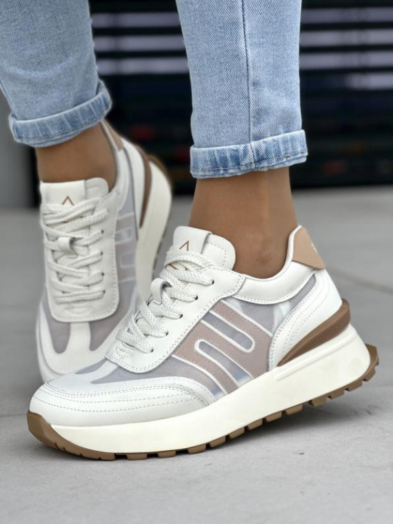 Wygodne jasno beżowe sneakersy damskie, skóra naturalna