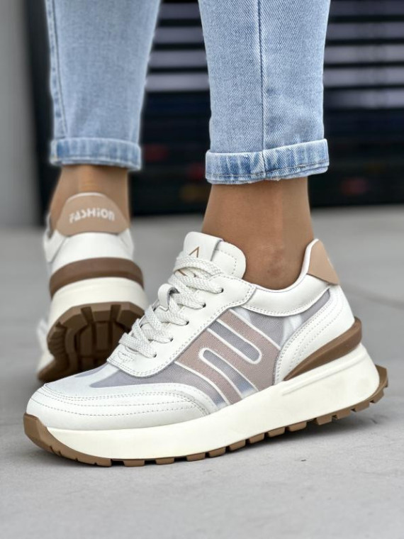 Wygodne jasno beżowe sneakersy damskie, skóra naturalna