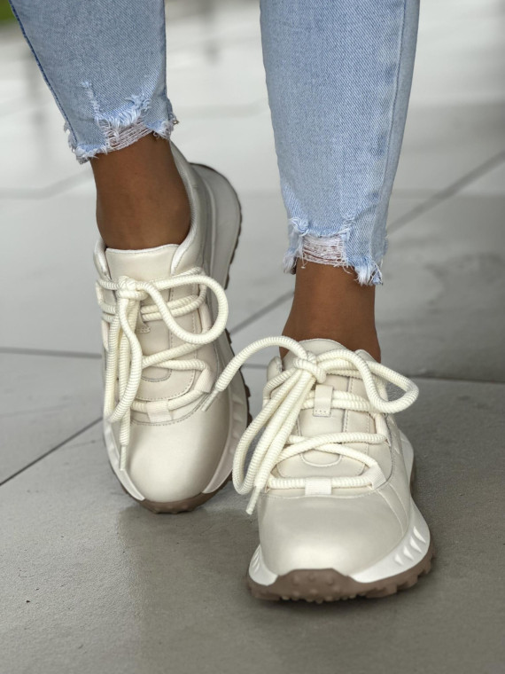 Wyjątkowe biało-kremowe sneakersy damskie, skóra naturalna