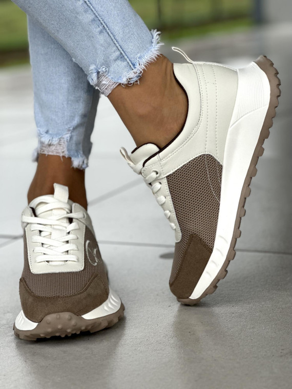 Wygodne biało-kremowo-beżowe snekakersy damskie, skóra naturalna