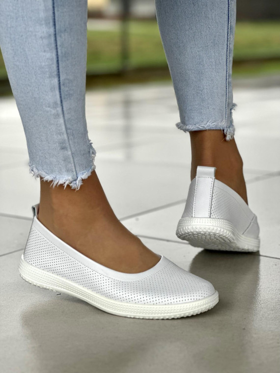 Minimalistyczne ażurowe białe baleriny damskie, skóra naturalna