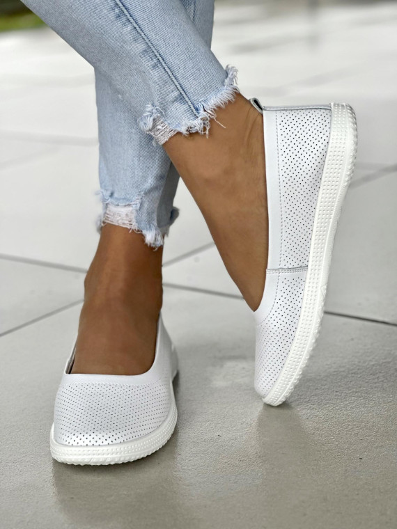 Minimalistyczne ażurowe białe baleriny damskie, skóra naturalna